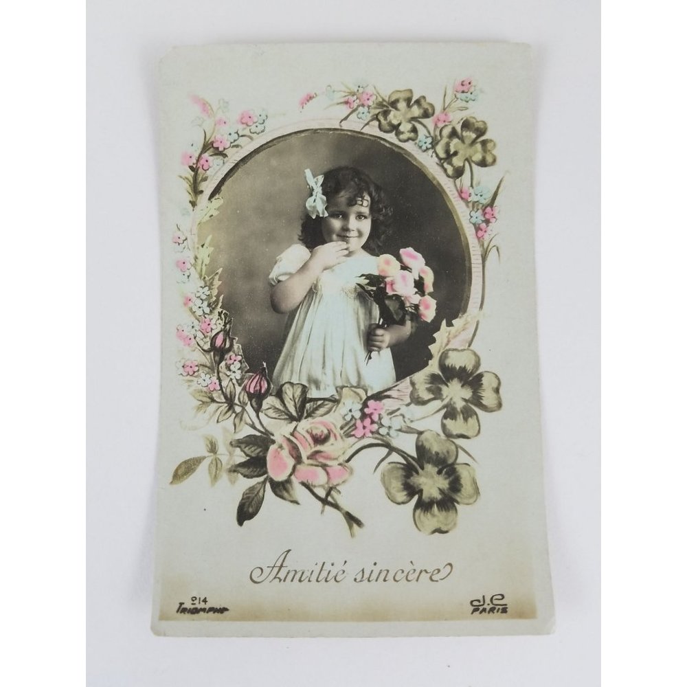 RPPC Adoreable Dutch Girl Pink Flowers Vintage Amitie Sincere "Sincere Friends"